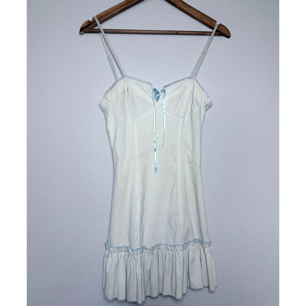 Vintage-Inspo Striped Mini Dress w/ Ruffle Hem & Satin Ribbon Detail S Coquette